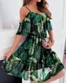 Floral chiffon cold-shoulder dress with green palm leaf print and ruffle details - S / Black with Green Leaves