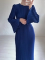 Detail of navy blue pleated dress featuring elegant bell sleeves and vertical textures - S / Royal Blue