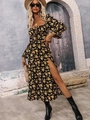 Bohemian black floral long sleeve dress with square neck and high side slit - S / Gold