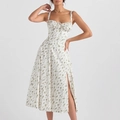 Slim fit white floral cami dress with backless slit and delicate green flower prints - XS / White Green Floral