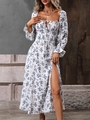 Floral long sleeve bohemian dress with square neck and high slit in white and blue - S / White