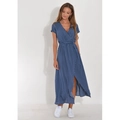 Short sleeve blue polka dot maxi dress with deep V-neck and high slit detail for summer - S / Blue Polka Dot