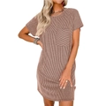 Women's short sleeve ribbed knit T-shirt dress in dusty rose with chest pocket detail - S / Tan
