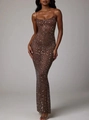 Detailed close-up of sparkling silver sequins on the dark brown mermaid evening gown fabric - S / Coffee