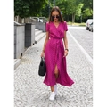 Summer V-neck wrap dress with bright fuchsia fabric and orange polka dot print - S / Top And Bottom / Red Polka Dot
