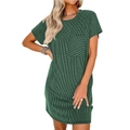 Women's casual dark green short sleeve dress with ribbed texture and front pocket - S / Forest Green
