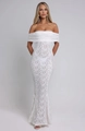 Detailed view of the white floral lace pattern and elegant off-shoulder neckline on the dress - S / White
