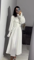 Detail of pearl white satin maxi dress with puff sleeves and ruffled cuffs - S / White