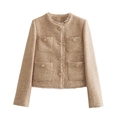 Detail van de tweed jas textuur met gouden knopen en franje bies op de voorzakken - XS / Khaki