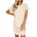 Women's casual short sleeve dress in light yellow and white stripes with chest pocket - S / Apricot