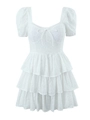 White eyelet mini dress with puff sleeves, tiered ruffle skirt and heart neckline detail - S / White