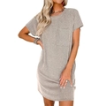 Women's beige striped T-shirt dress with short sleeves, crew neck and a chest pocket - S / Light Gray
