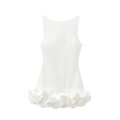 Close-up of sleek white sleeveless mini dress featuring a voluminous tiered ruffle hemline - XS / White