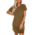 Short sleeve brown knit dress with vertical texture and practical front pocket - S / Dark Brown