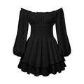 Elegante zwarte off-shoulder Swiss dot romper met lange mouwen en een gelaagde rok - S / Zwart