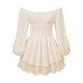 Gebroken witte mini-jurk met stippenpatroon, gesmokte taille en ruches rok - S / Abrikoos