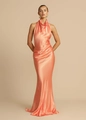 Detail of coral satin maxi dress showing halter neckline with elegant draped fold texture - XS / Orange Red