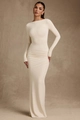 Detail of creamy white ruched maxi dress showing off-shoulder neckline and pleated fabric - S / White