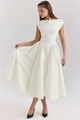 Macro shot of white boat-neck dress showing the premium satin texture and tailored waistline - S / Off White