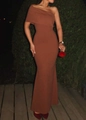 Detailed view of the brown off-shoulder slim fit maxi dress with elegant ruched texture - XS / Caramel color