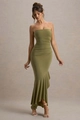 Detail of olive green tube dress showing waist ruching and asymmetrical fishtail hemline - S / Green