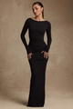 Detail view of high-elastic black bodycon dress with off-shoulder neck and long sleeves - S / Black