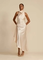Detail of elegant champagne satin dress featuring a halter neck and draped bodice design - XS / Apricot