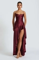 Detail of burgundy satin dress with thin spaghetti straps and ruffled asymmetrical hem - S / Burgundy