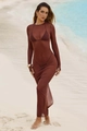 Detalle de vestido largo de malla marrón con aberturas para pulgar para playa - S / Marrón Oscuro