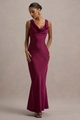 Elegante abito lungo in raso bordeaux con sofisticato scollo a cappuccio e taglio a sirena - S / Rosa Rosso