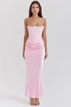 Detailed corset waist and elegant pleated satin fabric of pink strapless maxi dress - S / Pink