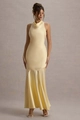Detail of elegant pale yellow satin fishtail gown with halter neckline and silky texture - S / Yellow