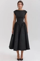 Detail view of the black midi dress featuring a textured moire fabric and pleated A-line skirt - S / Black
