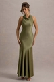 Detailed close-up of olive green satin dress featuring cowl neck and mermaid silhouette - S / Green