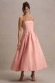 Close-up of pink strapless midi dress with pleated waist and voluminous A-line skirt - S / Pink