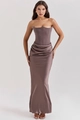 Detail of elegant satin corset dress with draped waist pleats and fishbone structure - XS / Brown