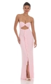 Detailed view of the front knot cutout and ruffled pleats on the pink strapless dress - S / Pink