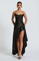 Detail of elegant black satin evening dress with ruffled high-low hem and sleek spaghetti straps - S / Black