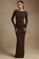 Detail of dark brown bodycon maxi dress showing slim fit silhouette and ribbed texture - S / Coffee