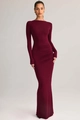 Detailed view of ruched waist design on a slim fit burgundy long-sleeved dress - S / Burgundy