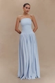 Detail of light blue strapless maxi dress featuring smocked bodice and pleated skirt - XS / Light Blue