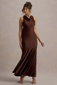 Detail of elegant chocolate satin cowl neck maxi dress with mermaid fishtail silhouette - S / Coffee