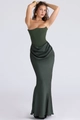 Detail of dark green satin corset dress featuring elegant waist draping and slim fit - XS / Dark Green