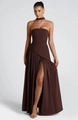 Detail of deep brown strapless high-slit gown with pleated waist and matching neckpiece - S / Dark Brown