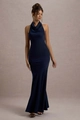 Detailed close-up of navy blue mermaid evening gown with cowl neck and satin finish - S / Navy Blue
