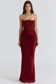 Detail of burgundy satin dress with structured corset bodice and elegant draping - XS / Burgundy