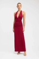 Dettaglio dell'abito lungo bordeaux con scollo all'americana, spacco e vita pieghettata - S / Rosso