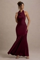 Macro shot of elegant wine red satin fishtail gown with cowl neck and floor length hem - S / Burgundy