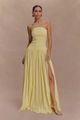 Detail of light yellow smocked strapless maxi dress with a stylish high side slit - XS / Yellow