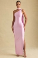 Detalle del elegante vestido de satén violeta claro con abertura lateral y cuello halter - S / Rosa Púrpura